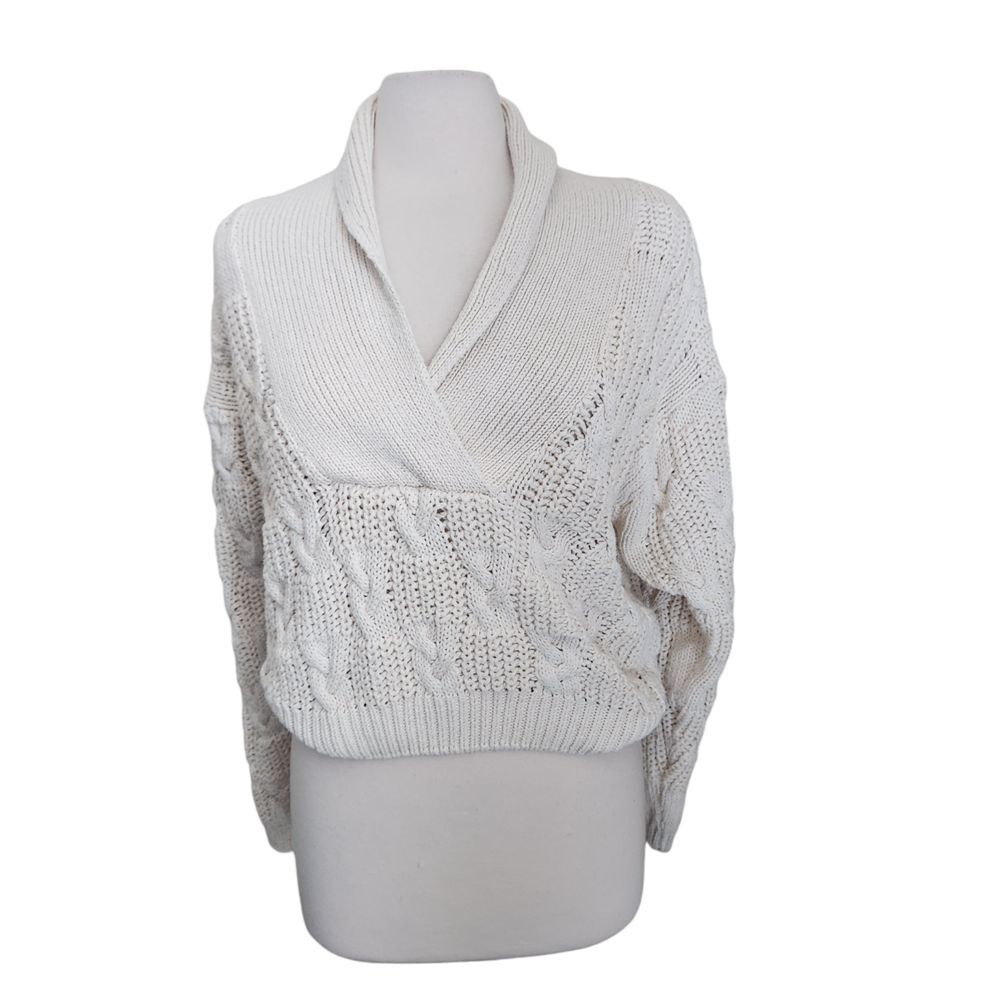 Vtg 90s Chunky Fisherman‎ Cable Knit Sweater Large Shawl Collar Ramie Cotton